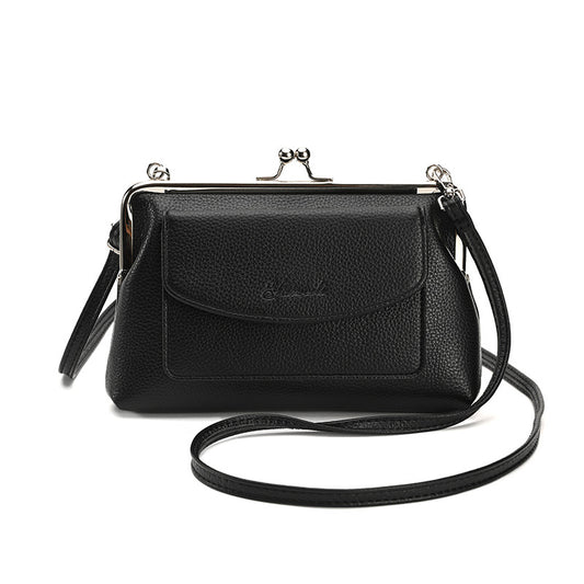 Black Women's Vintage Kiss Lock Crossbody Bag - PU Leather Clutch Purse with Detachable Strap V888-ELOSUNG36293