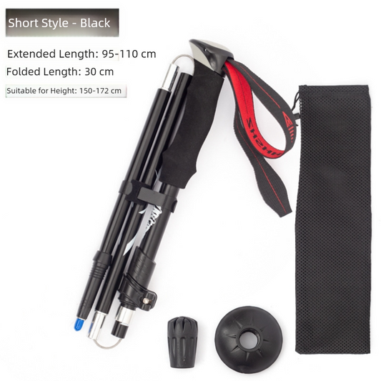 Short Black Ultralight Foldable Hiking Pole - Adjustable Aluminium Trekking Stick with EVA Grip for Outdoor V888-ELOSUNG36299