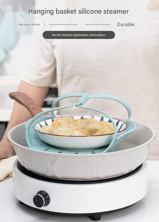 Small Blue Flexible Silicone Steamer Basket with Heat-Resistant Handles - Food-Grade Vegetable Steamer Insert V888-ELOSUNG36317