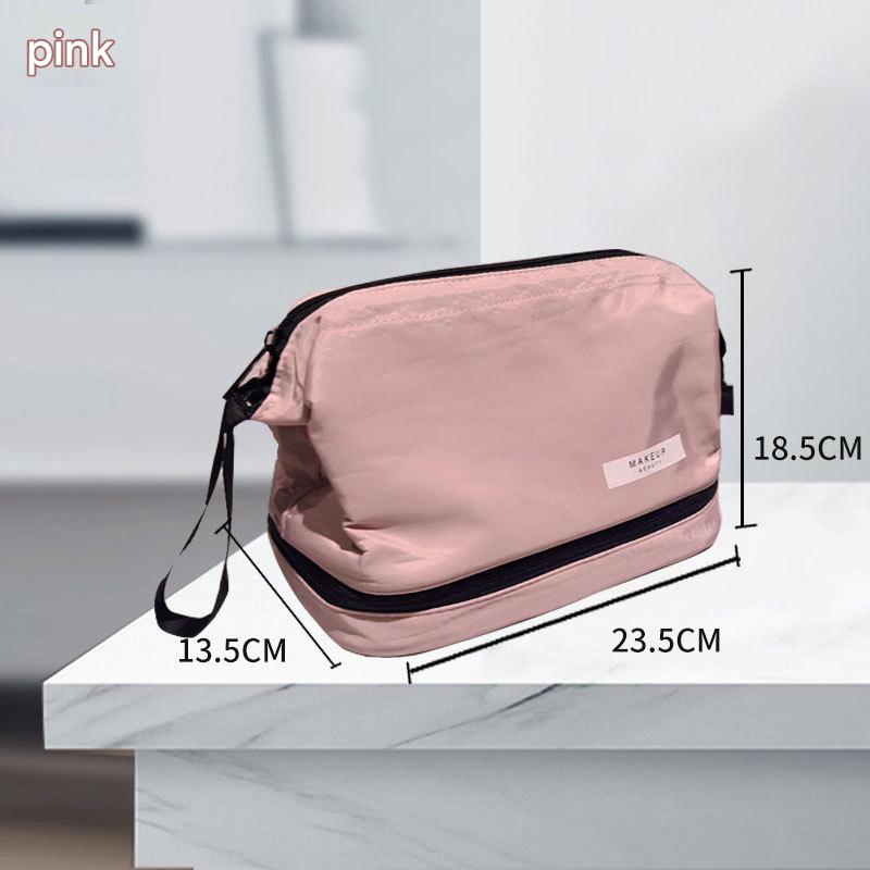 Pink Chic Dual-Compartment Makeup & Toiletry Bag - Large Capacity Travel Organizer with Brush Holder V888-ELOSUNG36325