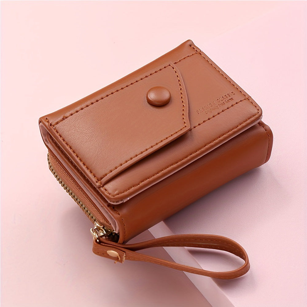 Brown Chic Compact Trifold Wallet for Women - PU Leather Card Holder with Zipper Coin Purse & Wristlet Strap V888-ELOSUNG36333