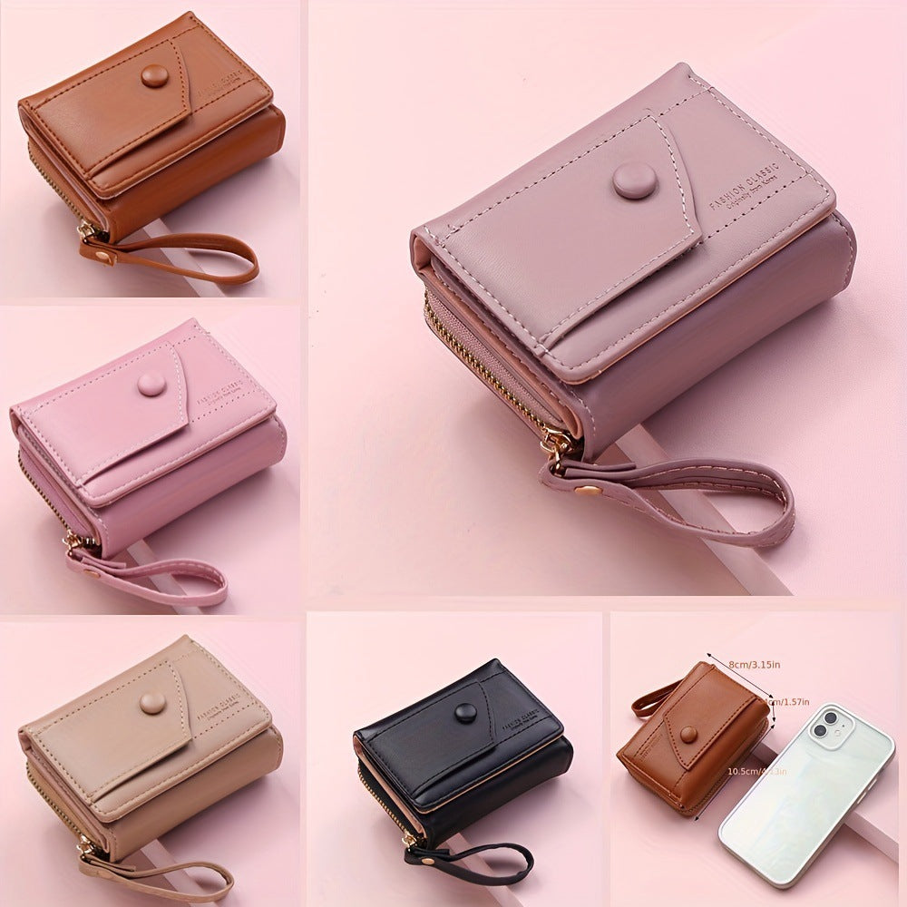 Brown Chic Compact Trifold Wallet for Women - PU Leather Card Holder with Zipper Coin Purse & Wristlet Strap V888-ELOSUNG36333