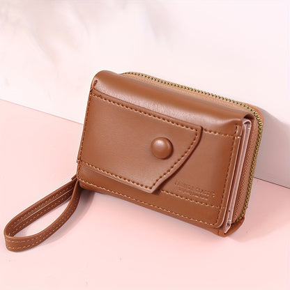 Brown Chic Compact Trifold Wallet for Women - PU Leather Card Holder with Zipper Coin Purse & Wristlet Strap V888-ELOSUNG36333