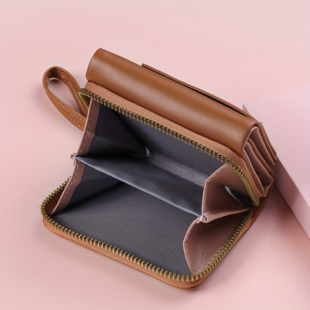 Brown Chic Compact Trifold Wallet for Women - PU Leather Card Holder with Zipper Coin Purse & Wristlet Strap V888-ELOSUNG36333