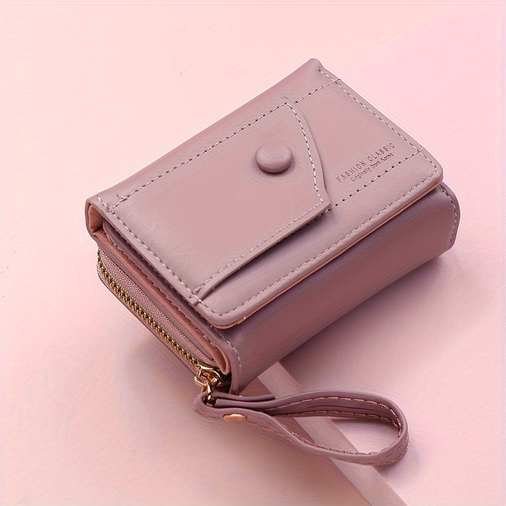 Brown Chic Compact Trifold Wallet for Women - PU Leather Card Holder with Zipper Coin Purse & Wristlet Strap V888-ELOSUNG36333