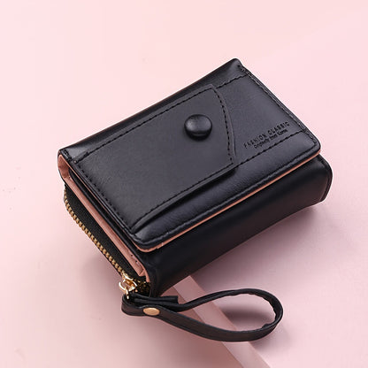 Black Chic Compact Trifold Wallet for Women - PU Leather Card Holder with Zipper Coin Purse & Wristlet Strap V888-ELOSUNG36334
