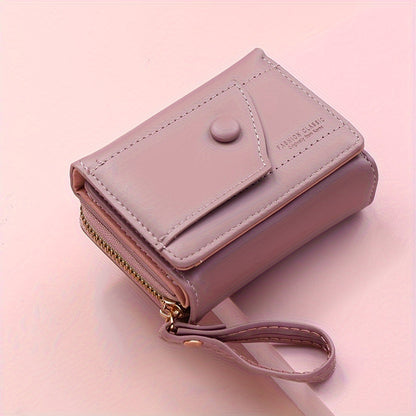 Black Chic Compact Trifold Wallet for Women - PU Leather Card Holder with Zipper Coin Purse & Wristlet Strap V888-ELOSUNG36334