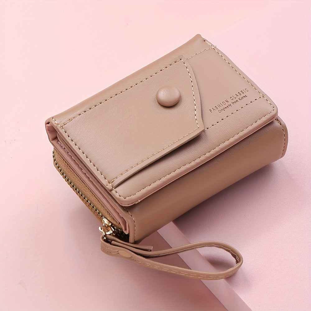 Khaki Chic Compact Trifold Wallet for Women - PU Leather Card Holder with Zipper Coin Purse & Wristlet Strap V888-ELOSUNG36335