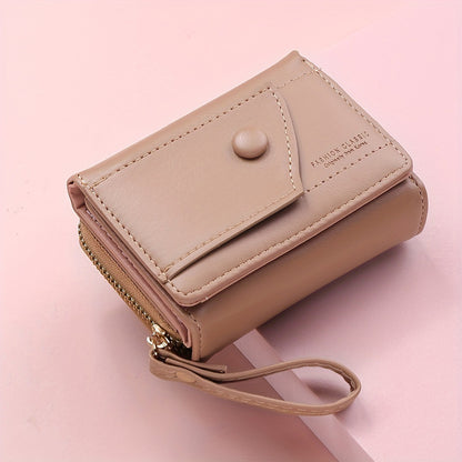 Khaki Chic Compact Trifold Wallet for Women - PU Leather Card Holder with Zipper Coin Purse & Wristlet Strap V888-ELOSUNG36335
