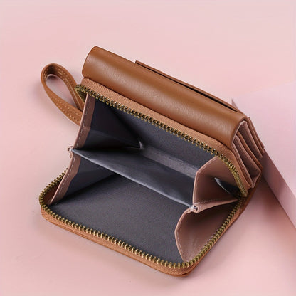 Purple Chic Compact Trifold Wallet for Women - PU Leather Card Holder with Zipper Coin Purse & Wristlet Strap V888-ELOSUNG36336