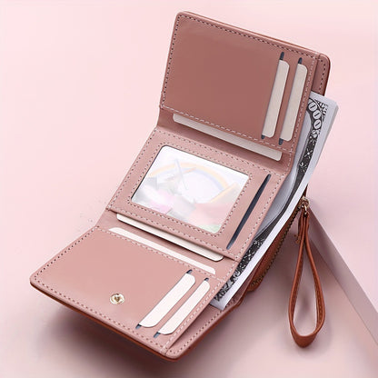 Purple Chic Compact Trifold Wallet for Women - PU Leather Card Holder with Zipper Coin Purse & Wristlet Strap V888-ELOSUNG36336