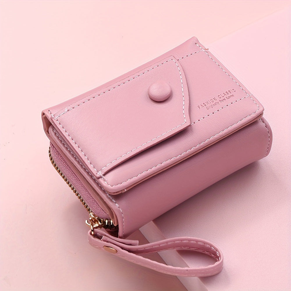 Pink Chic Compact Trifold Wallet for Women - PU Leather Card Holder with Zipper Coin Purse & Wristlet Strap V888-ELOSUNG36337