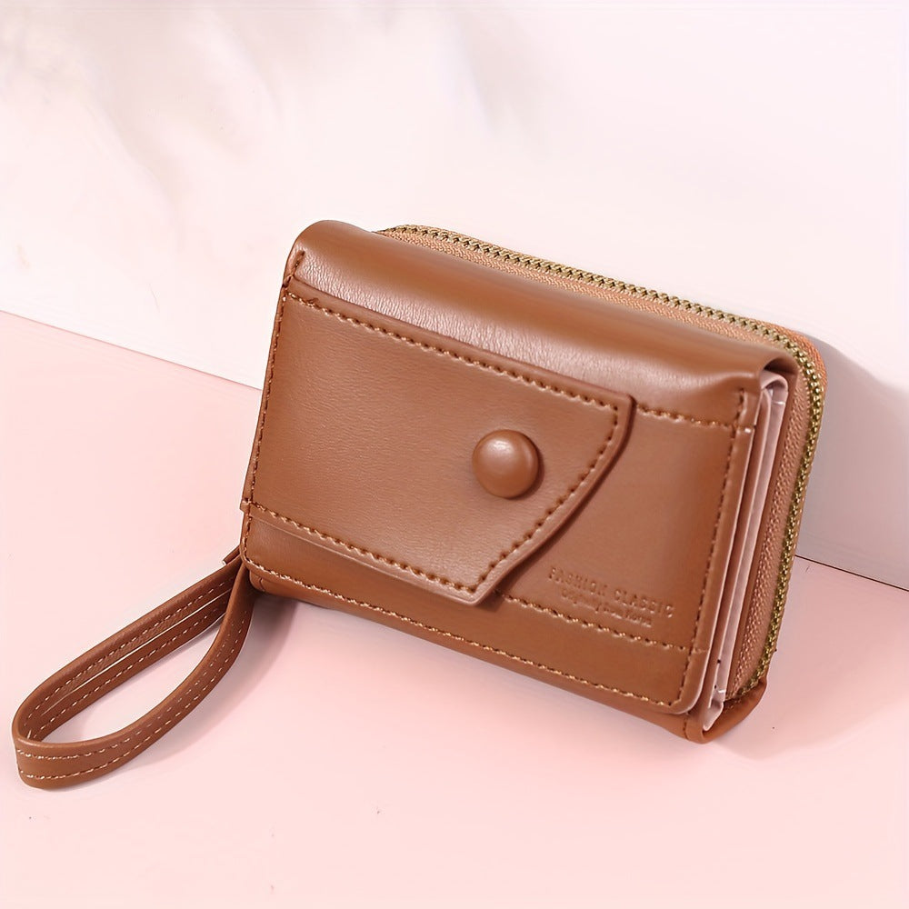 Pink Chic Compact Trifold Wallet for Women - PU Leather Card Holder with Zipper Coin Purse & Wristlet Strap V888-ELOSUNG36337