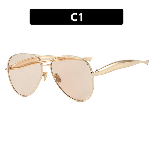 Style C1 Gold Frame Champagne Lenses Chic Oversized Aviator Sunglasses - Retro Metal Frame with UV400 V888-ELOSUNG36370