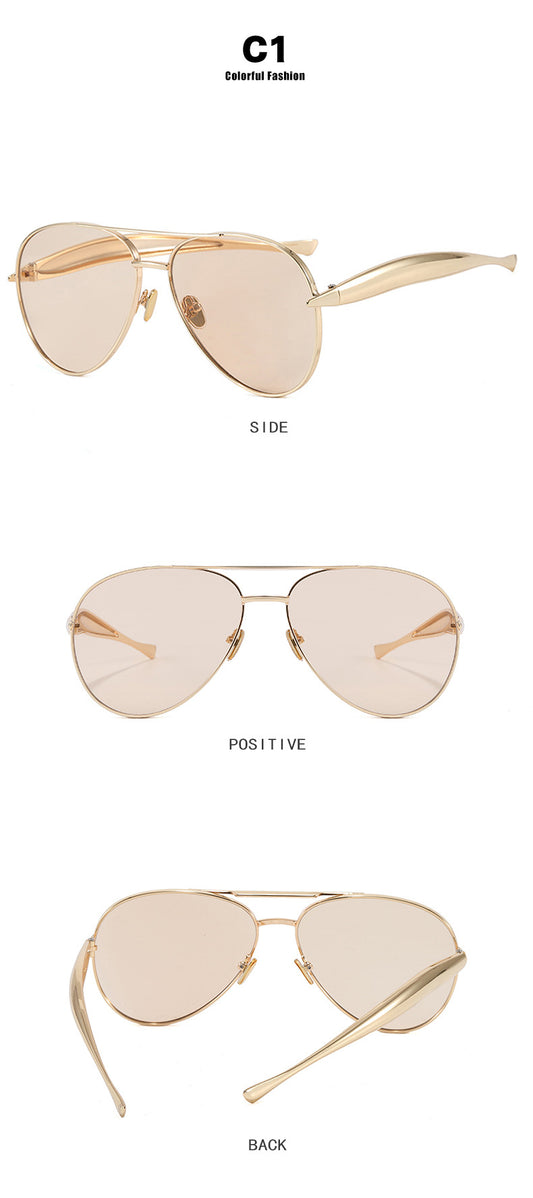 Style C1 Gold Frame Champagne Lenses Chic Oversized Aviator Sunglasses - Retro Metal Frame with UV400 V888-ELOSUNG36370