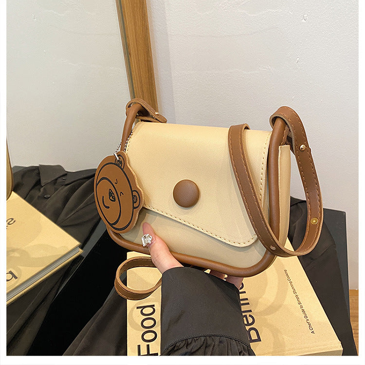 Khaki and Brown Chic PU Leather Crossbody Bag with Cute Bear Charm - Adjustable Strap Shoulder Purse V888-ELOSUNG36377