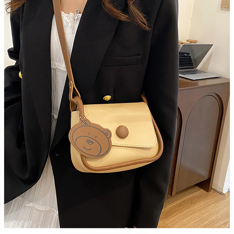Khaki and Brown Chic PU Leather Crossbody Bag with Cute Bear Charm - Adjustable Strap Shoulder Purse V888-ELOSUNG36377