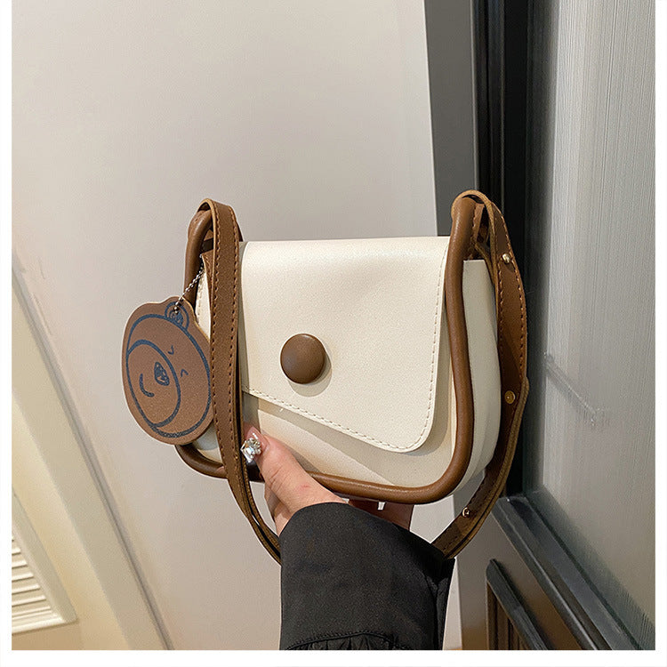 White and Brown Chic PU Leather Crossbody Bag with Cute Bear Charm - Adjustable Strap Shoulder Purse V888-ELOSUNG36378