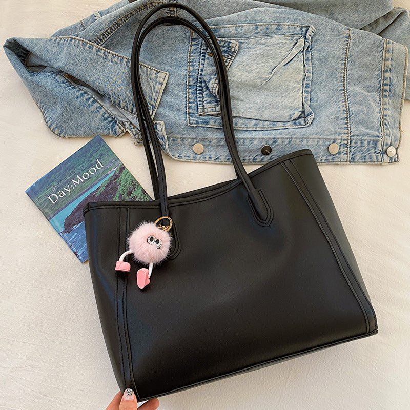 Black Chic Large Capacity Tote Bag - PU Leather Commuter Shoulder Handbag for Women V888-ELOSUNG36379