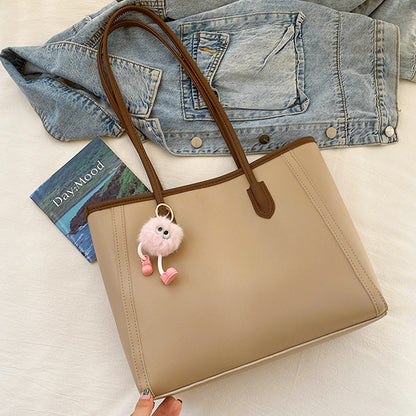 Khaki and Brown Chic Large Capacity Tote Bag - PU Leather Commuter Shoulder Handbag for Women V888-ELOSUNG36381