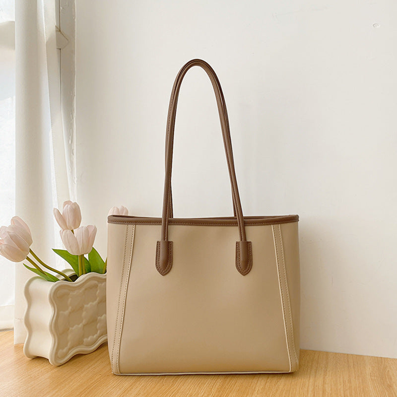Khaki and Brown Chic Large Capacity Tote Bag - PU Leather Commuter Shoulder Handbag for Women V888-ELOSUNG36381