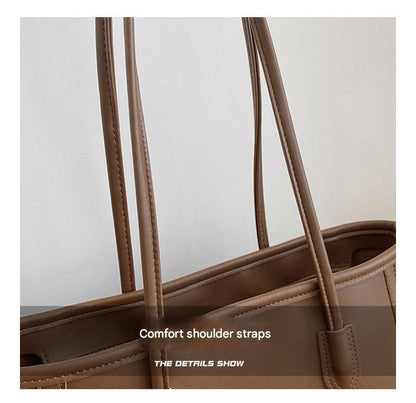 Khaki and Brown Chic Large Capacity Tote Bag - PU Leather Commuter Shoulder Handbag for Women V888-ELOSUNG36381