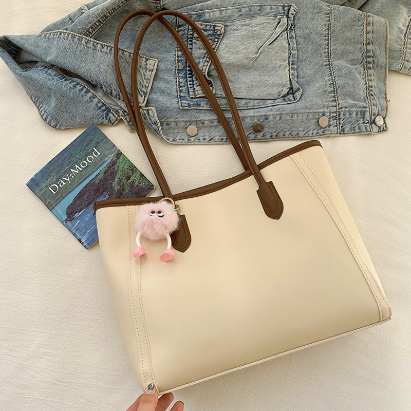 Beige and Brown Chic Large Capacity Tote Bag - PU Leather Commuter Shoulder Handbag for Women V888-ELOSUNG36382
