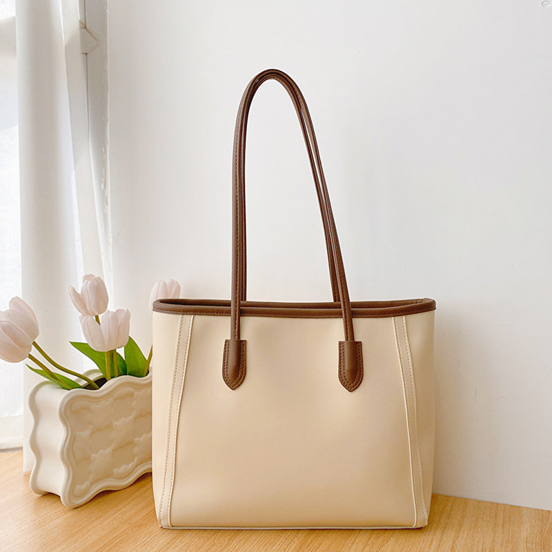 Beige and Brown Chic Large Capacity Tote Bag - PU Leather Commuter Shoulder Handbag for Women V888-ELOSUNG36382