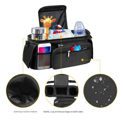 Black Universal Stroller Organiser Caddy with Insulated Cup Holders and Detachable Wristlet V888-ELOSUNG36386