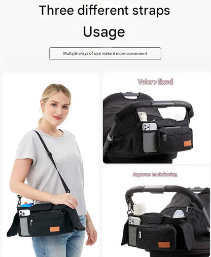 Black Universal Stroller Organiser Caddy with Insulated Cup Holders and Detachable Wristlet