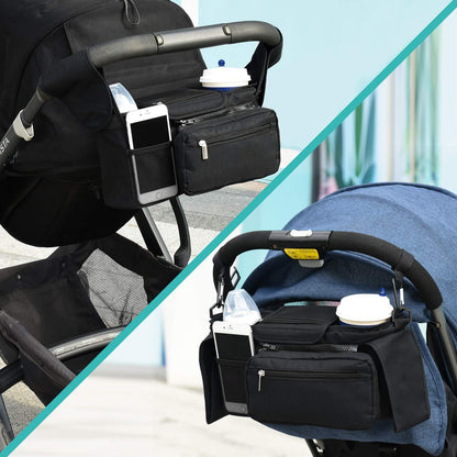 Black Universal Stroller Organiser Caddy with Insulated Cup Holders and Detachable Wristlet V888-ELOSUNG36386