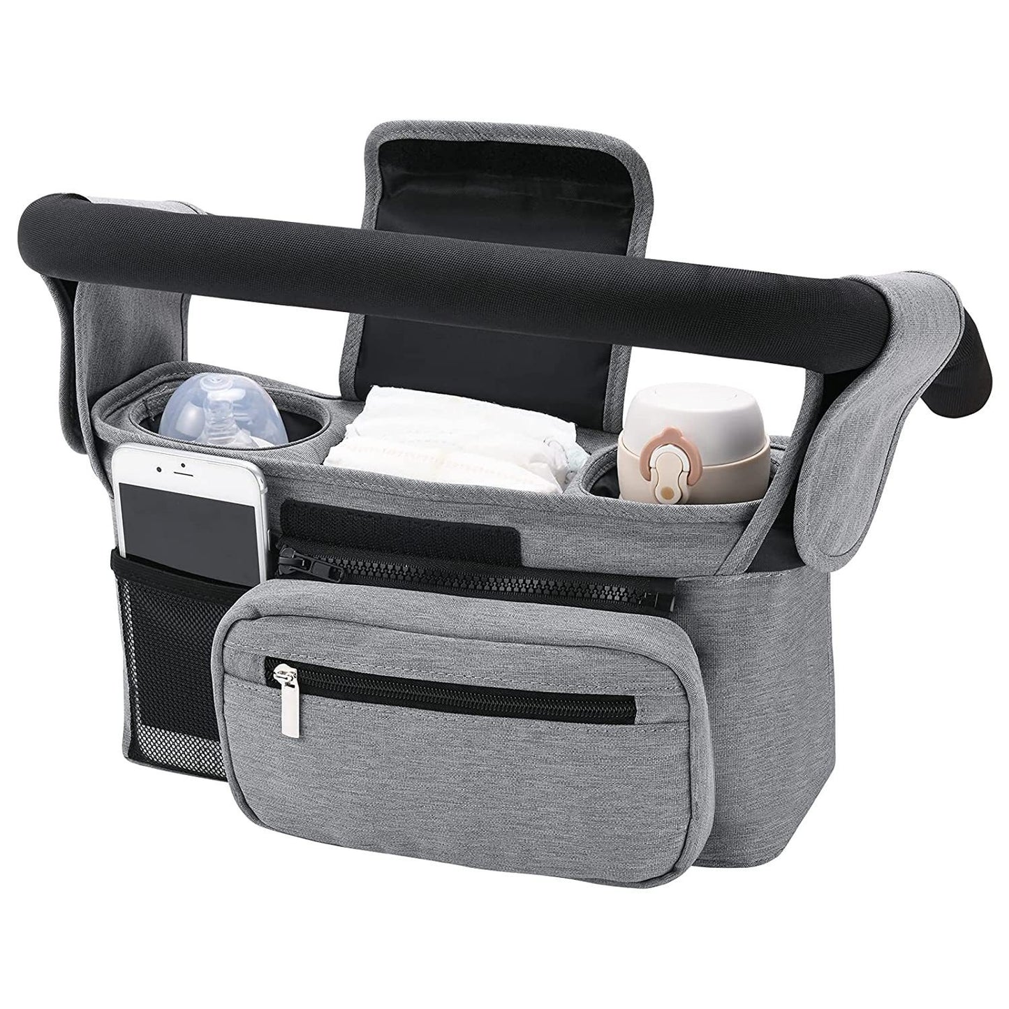 Grey Universal Stroller Organiser Caddy with Insulated Cup Holders and Detachable Wristlet V888-ELOSUNG36387