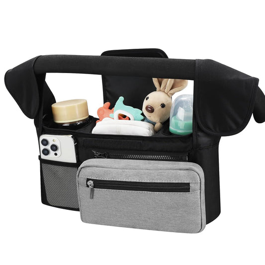Black and Gray Stitching Universal Stroller Organiser Caddy with Insulated Cup Holders and Detachable Wristlet V888-ELOSUNG36390