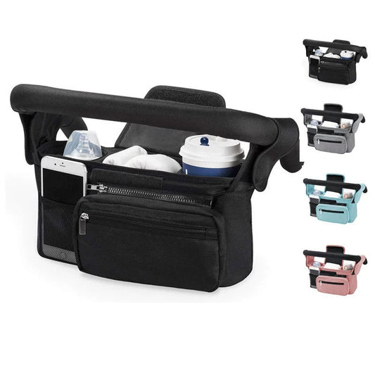 Black and Gray Stitching Universal Stroller Organiser Caddy with Insulated Cup Holders and Detachable Wristlet V888-ELOSUNG36390