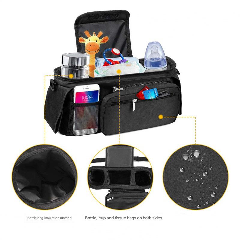 Black and Gray Stitching Universal Stroller Organiser Caddy with Insulated Cup Holders and Detachable Wristlet V888-ELOSUNG36390
