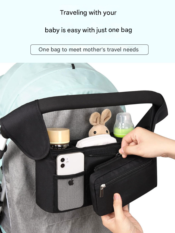 Black and Gray Stitching Universal Stroller Organiser Caddy with Insulated Cup Holders and Detachable Wristlet V888-ELOSUNG36390
