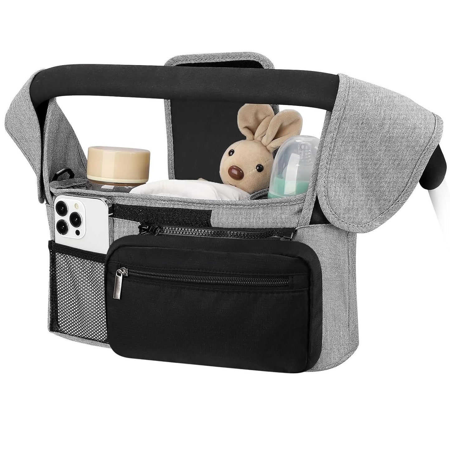 Grey and Black Stitching Universal Stroller Organiser Caddy with Insulated Cup Holders and Detachable Wristlet V888-ELOSUNG36391