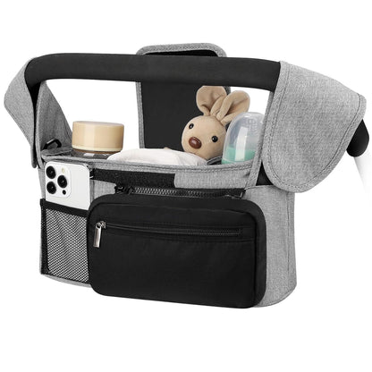 Grey and Black Stitching Universal Stroller Organiser Caddy with Insulated Cup Holders and Detachable Wristlet V888-ELOSUNG36391