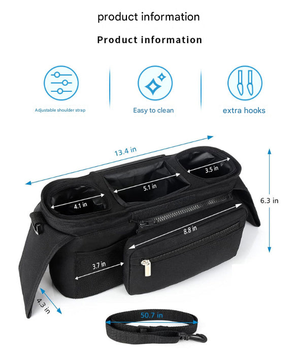 Grey and Black Stitching Universal Stroller Organiser Caddy with Insulated Cup Holders and Detachable Wristlet V888-ELOSUNG36391