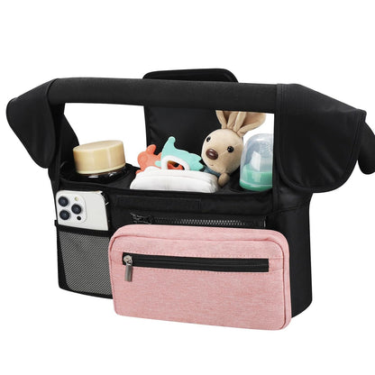 Black and Pink Stitching Universal Stroller Organiser Caddy with Insulated Cup Holders and Detachable Wristlet V888-ELOSUNG36392