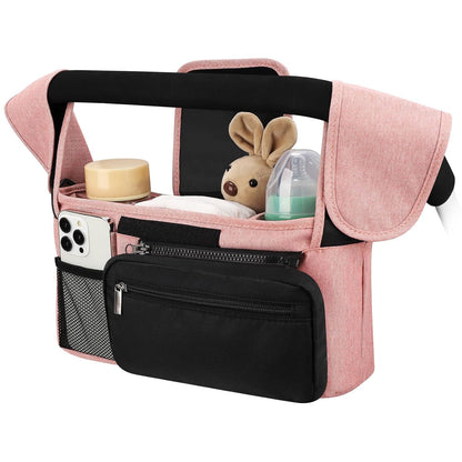 Pink and Black Stitching Universal Stroller Organiser Caddy with Insulated Cup Holders and Detachable Wristlet V888-ELOSUNG36393