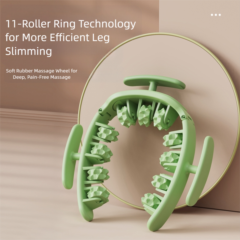 Green and White Removable Adjustable Wrap-Around Muscle Roller - 11-Wheel Deep Tissue Massager for Legs, Arms V888-ELOSUNG36402