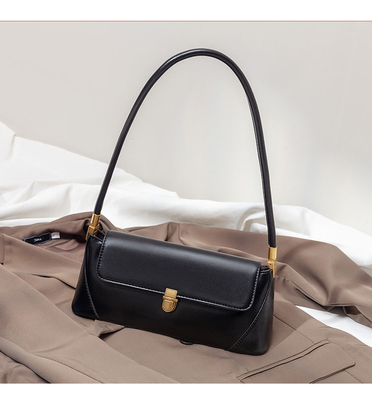 Black Elegant Vintage Baguette Shoulder Bag - Chic PU Leather Underarm Purse with Gold Clasp V888-ELOSUNG36409
