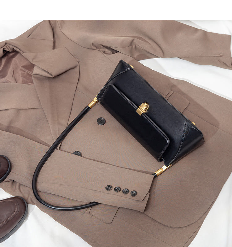 Black Elegant Vintage Baguette Shoulder Bag - Chic PU Leather Underarm Purse with Gold Clasp V888-ELOSUNG36409