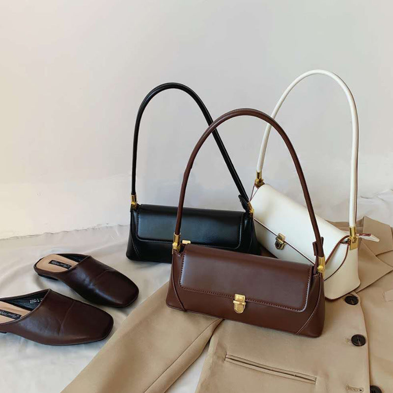 Black Elegant Vintage Baguette Shoulder Bag - Chic PU Leather Underarm Purse with Gold Clasp V888-ELOSUNG36409