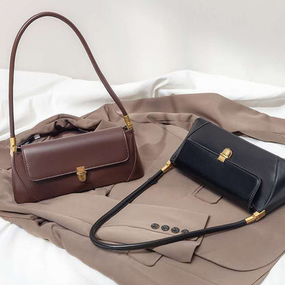Black Elegant Vintage Baguette Shoulder Bag - Chic PU Leather Underarm Purse with Gold Clasp V888-ELOSUNG36409