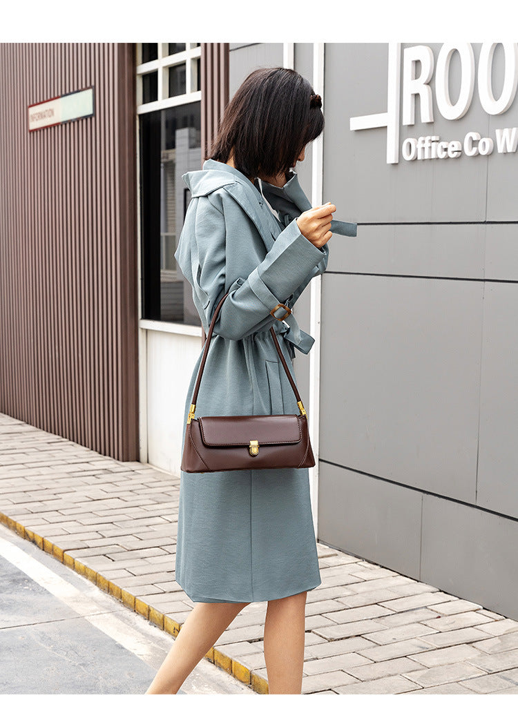 Brown Elegant Vintage Baguette Shoulder Bag - Chic PU Leather Underarm Purse with Gold Clasp V888-ELOSUNG36411