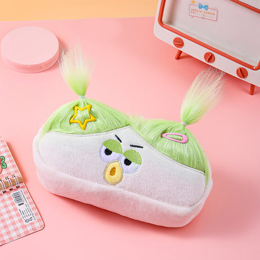 Beige and Light Green Hair Cute Plush Monster Pencil Case - Fluffy Stationery Pouch with DIY Styleable Hair V888-ELOSUNG36418