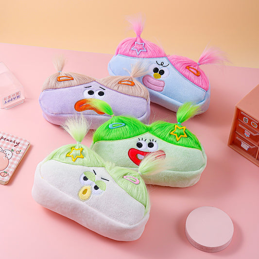 Beige and Light Green Hair Cute Plush Monster Pencil Case - Fluffy Stationery Pouch with DIY Styleable Hair V888-ELOSUNG36418