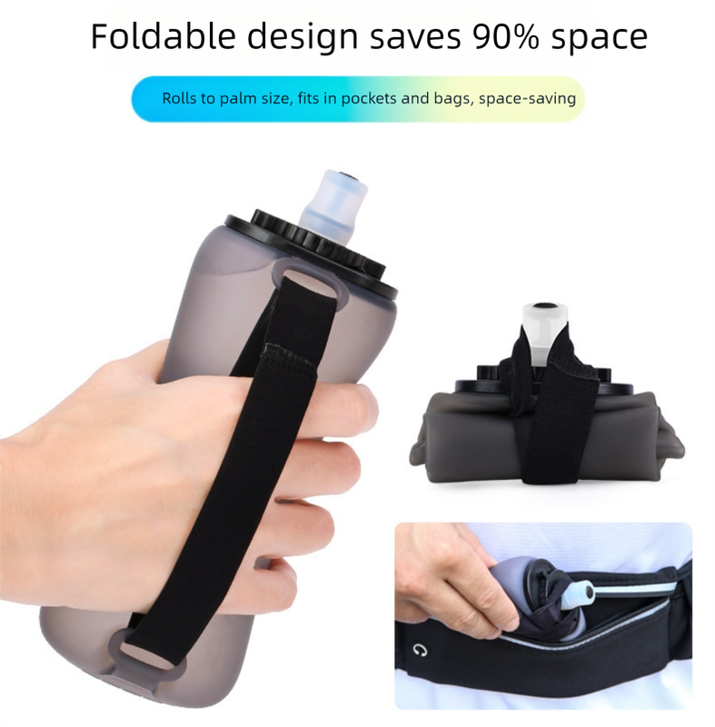 Black Collapsible Handheld Running Flask - 350ml Lightweight Silicone Water Bottle with Bite Valve V888-ELOSUNG36433